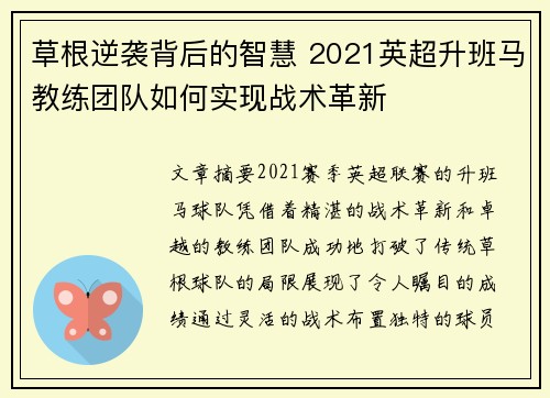 草根逆袭背后的智慧 2021英超升班马教练团队如何实现战术革新