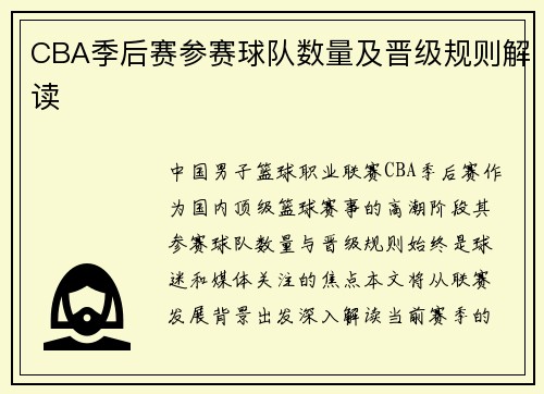 CBA季后赛参赛球队数量及晋级规则解读