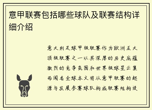 意甲联赛包括哪些球队及联赛结构详细介绍