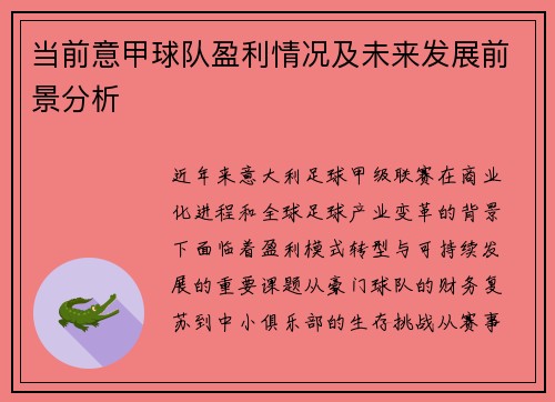 当前意甲球队盈利情况及未来发展前景分析